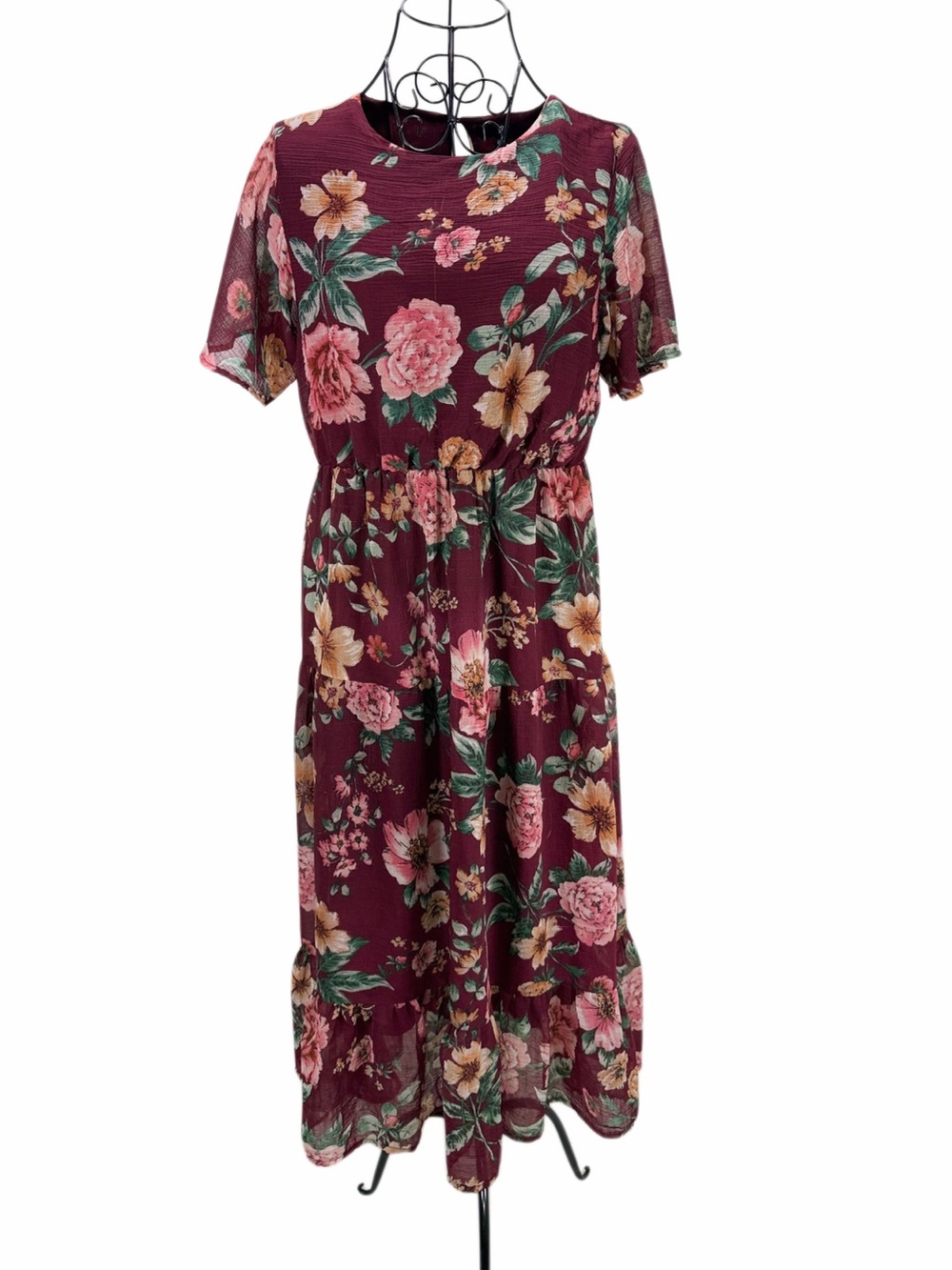 FIG Burgundy Floral Tiered Midi Dress Women’s L Cottagecore Boho